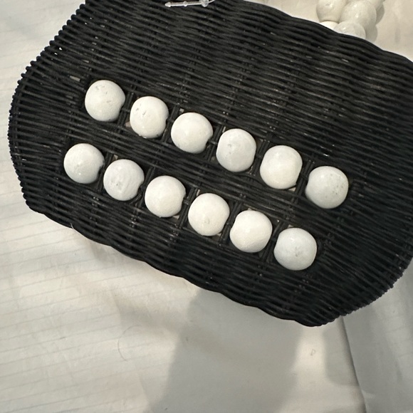 Bali Beaded Straw Black and White Woven Handbag Satchel - Picture 13 of 15